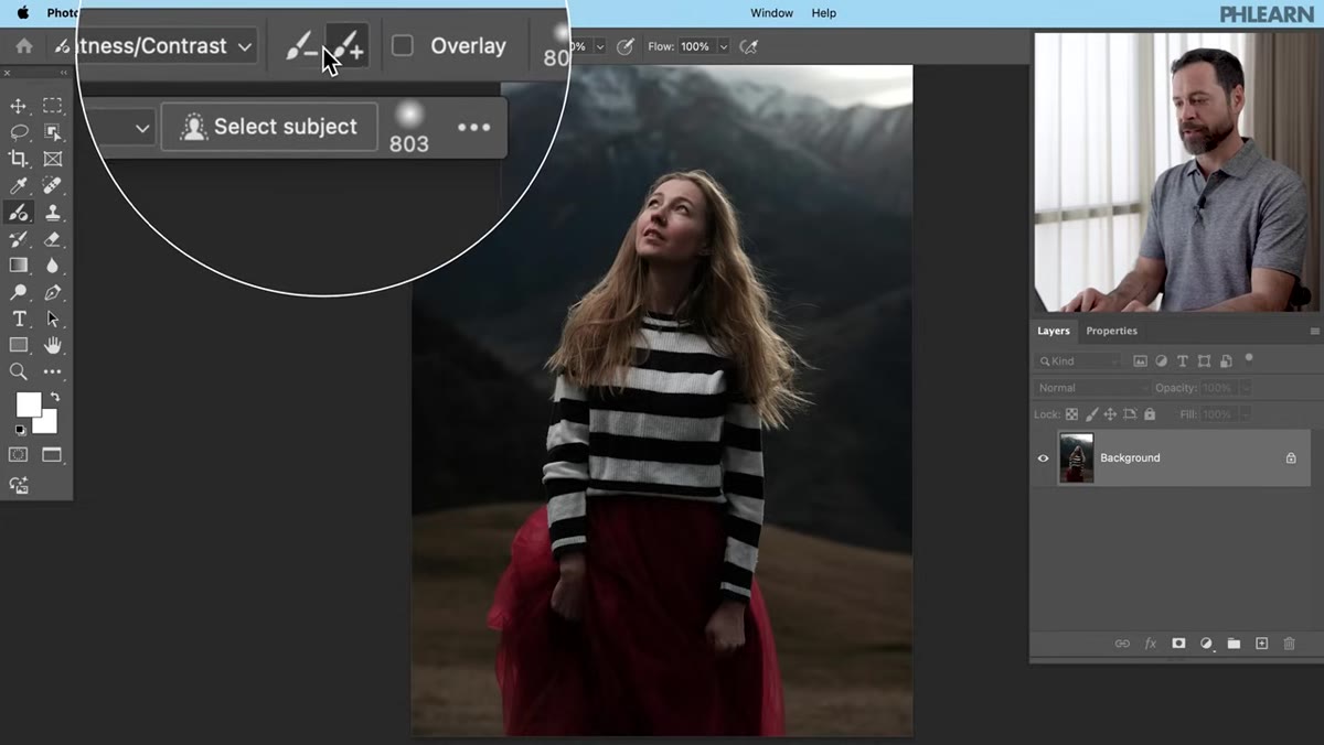 Add and subtract brush controls shown in the tool options bar