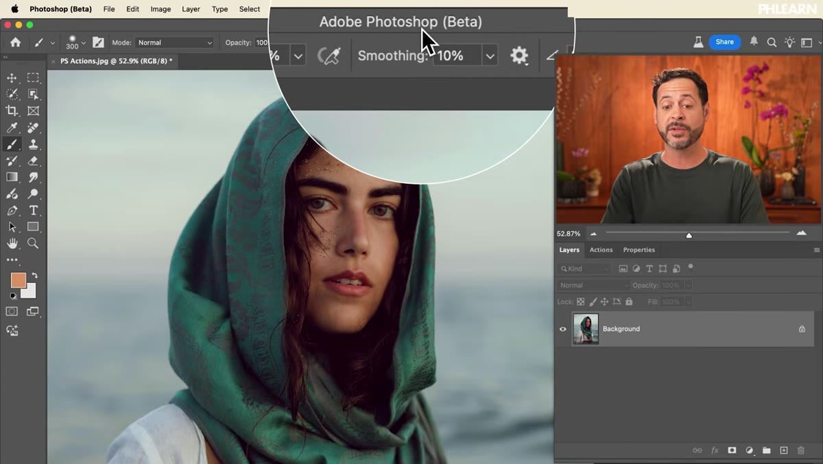 Photoshop Beta window with Actions panel docked next to Layers