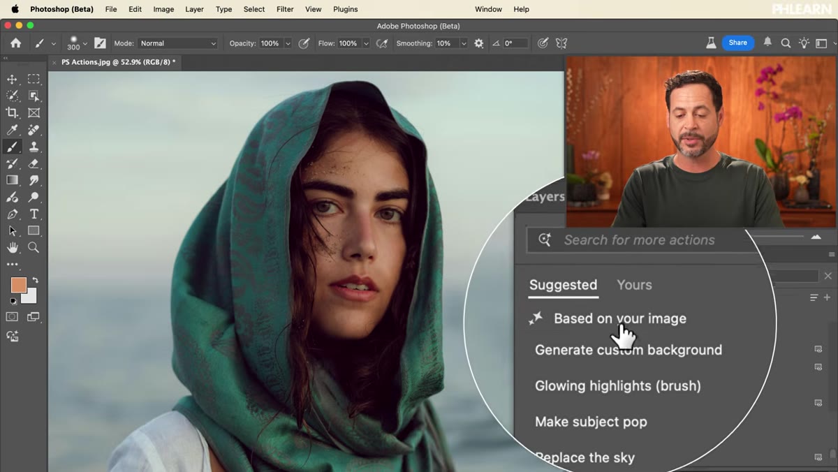 Actions panel showing AI suggestions based on image content