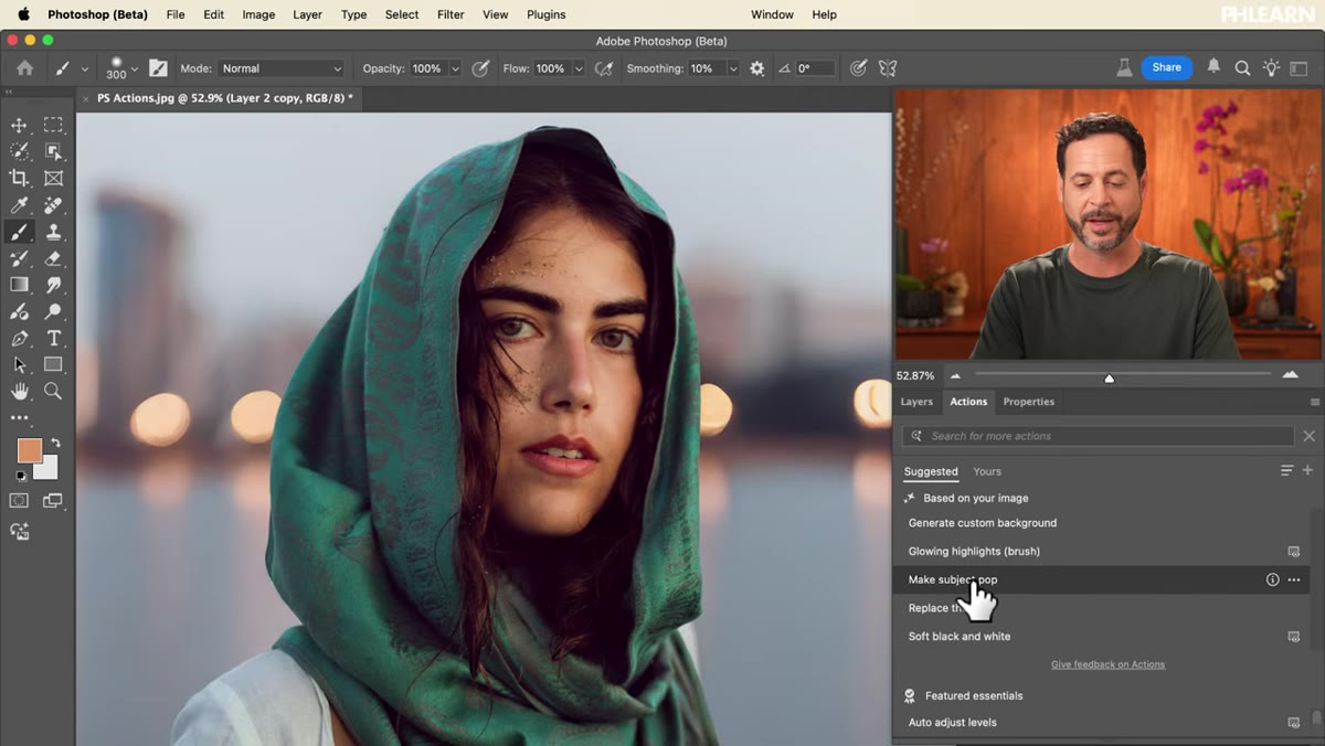 Outer glow and Camera Raw filter applied to isolated subject layer