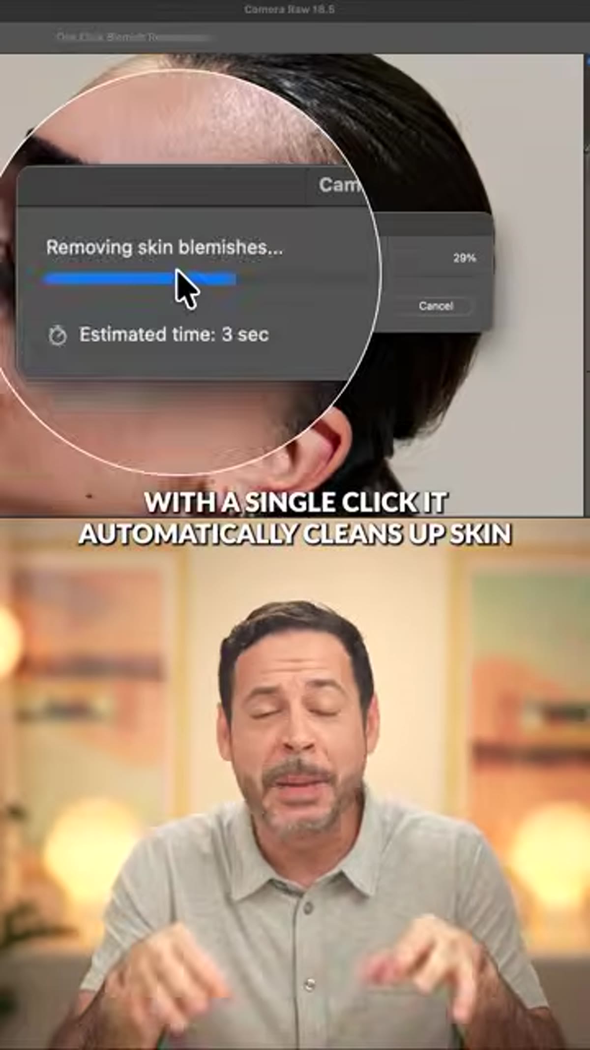 Blemish tool applied to skin, before/after visible