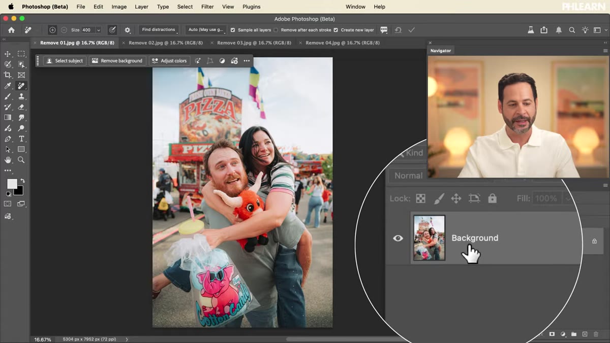 Remove Tool selected in the Photoshop toolbar