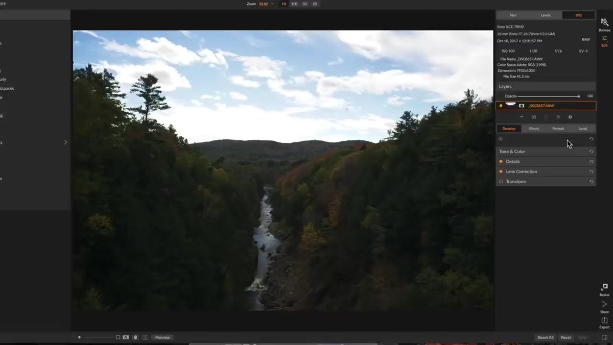 Develop panel open showing Tone and Color, Details, Lens Correction sections