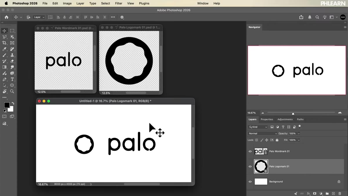 Master brand file open with linked Smart Object layers visible