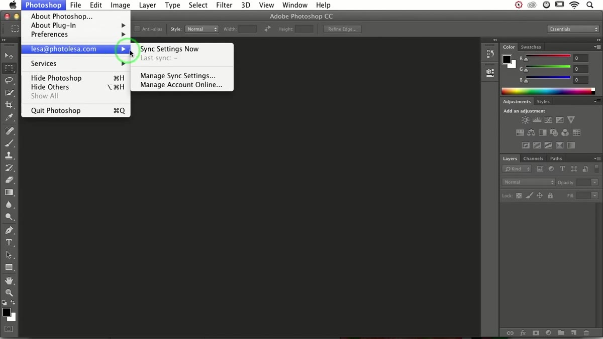 Photoshop menu open showing sync settings options