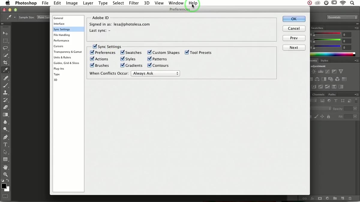 Photoshop Preferences panel showing sync checkboxes