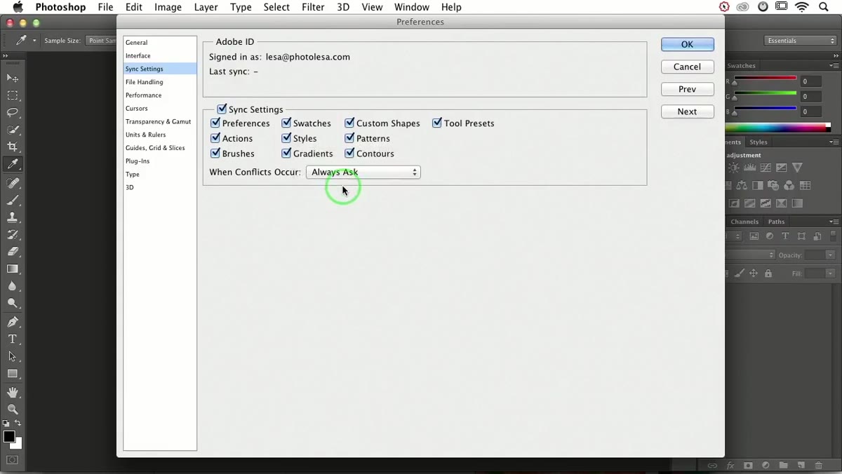 Preferences panel with conflict resolution dropdown visible