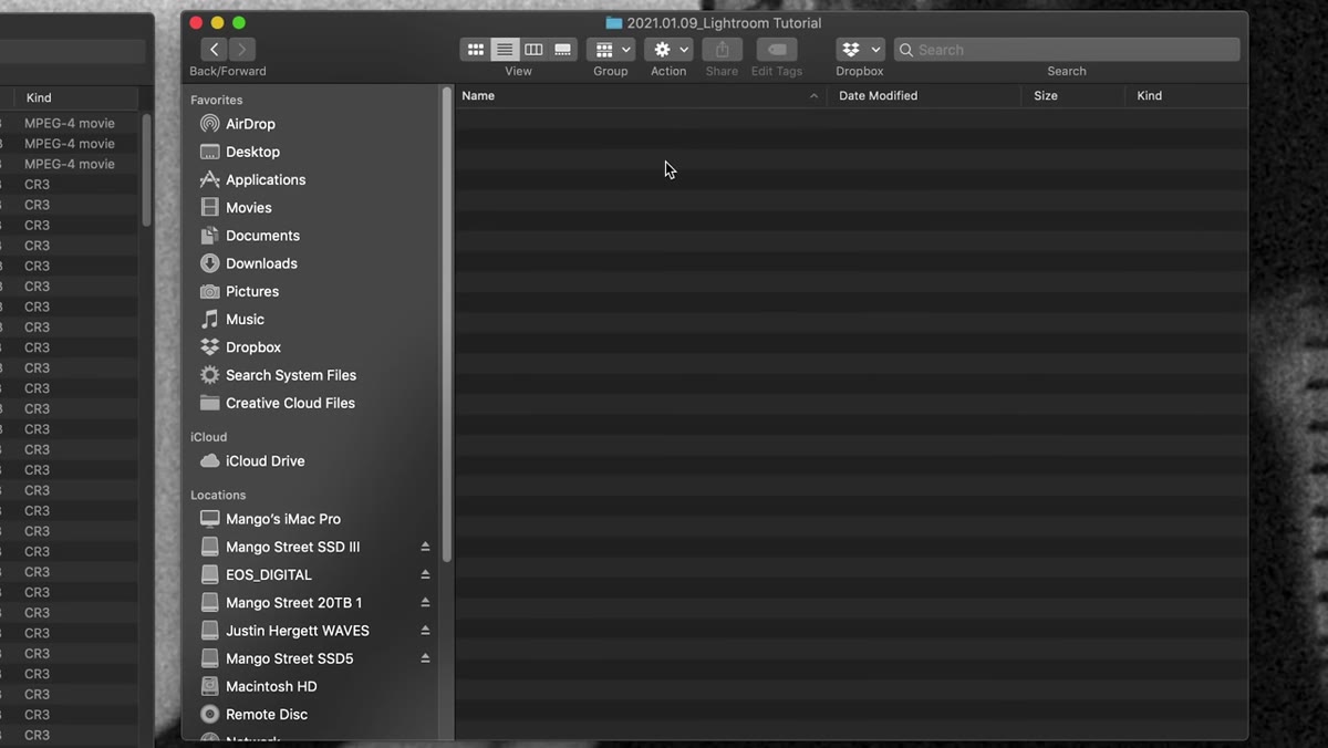 Folder structure created inside shoot folder showing Raw, Selects, Catalog, and Exports subfolders
