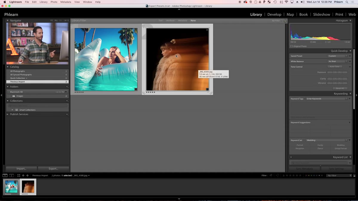 Right-click context menu showing Export option in Lightroom library