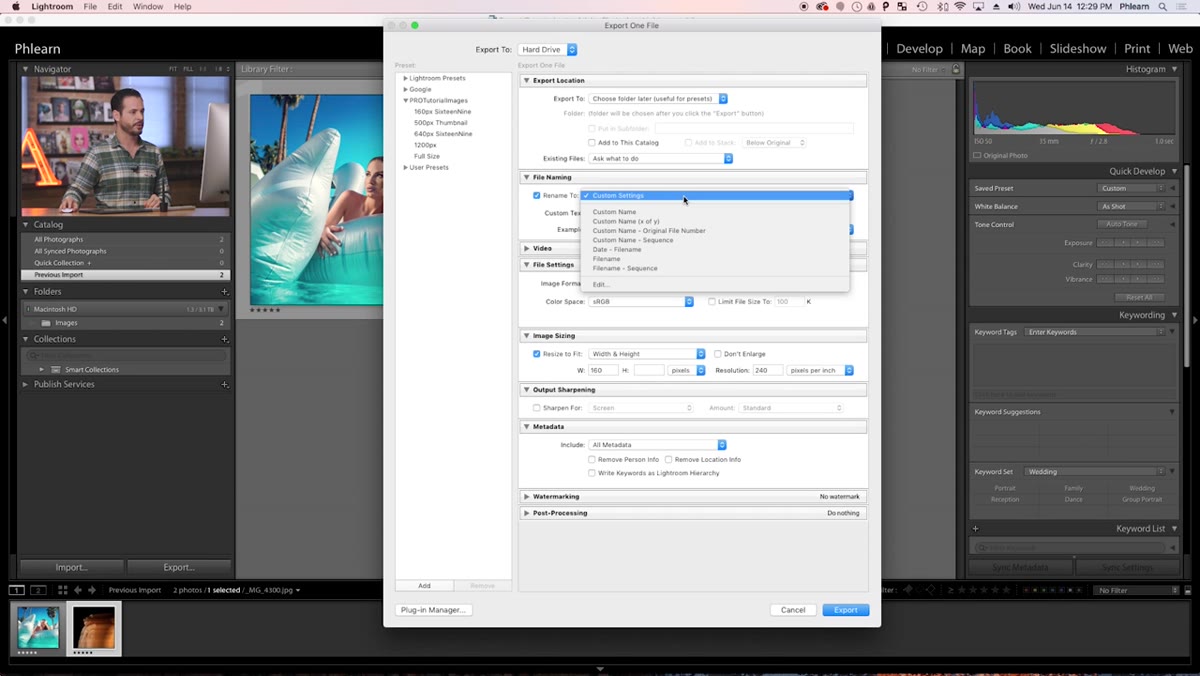 File Naming section of Lightroom export dialog with template editor open