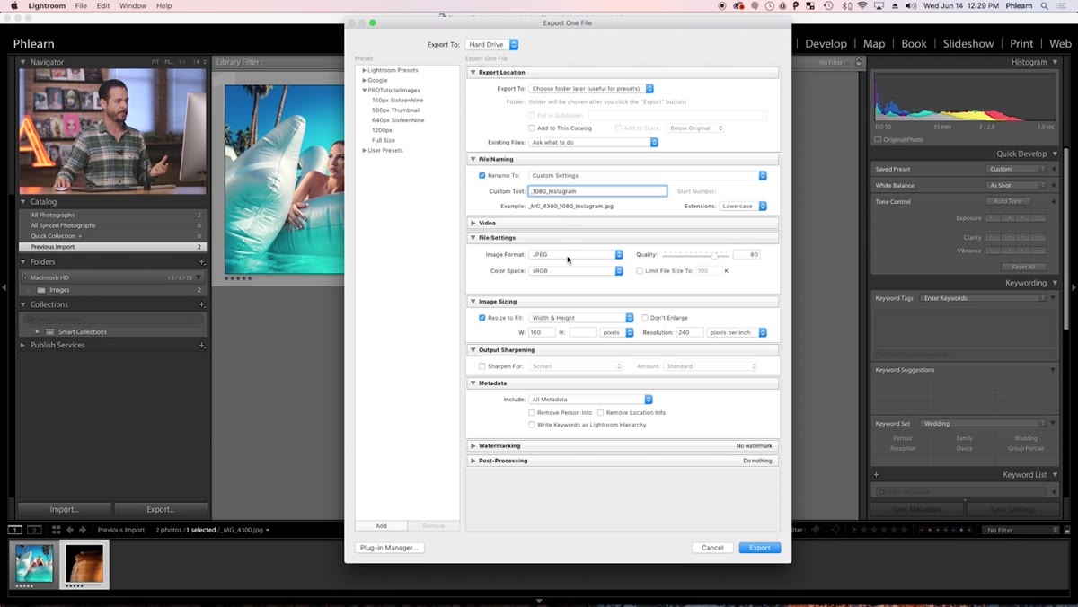File Settings section showing JPEG format, sRGB color space, and quality slider