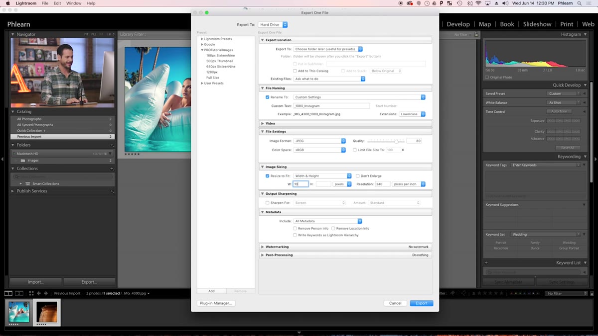 Image Sizing section with Resize to Fit enabled and 1080 pixels entered