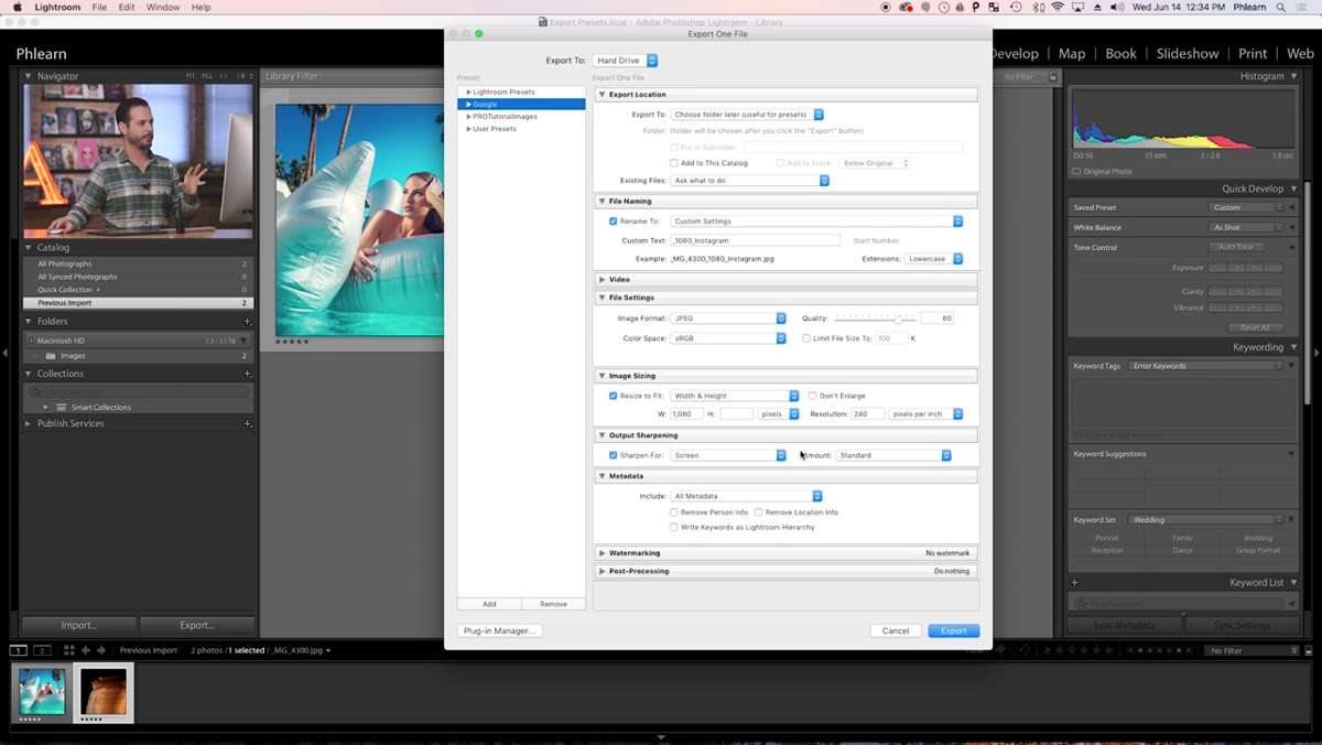 Add Preset dialog with new folder being created in the export presets panel