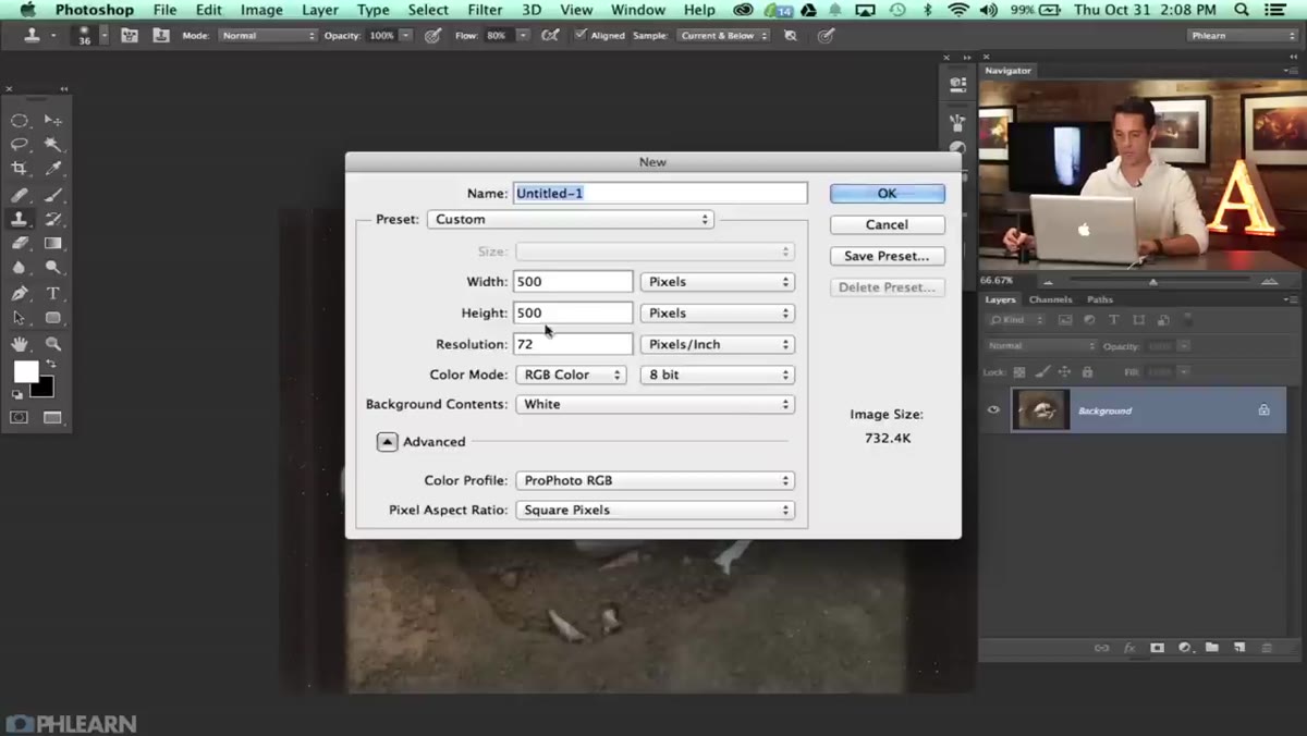 New document dialog set to 500 by 500 pixels