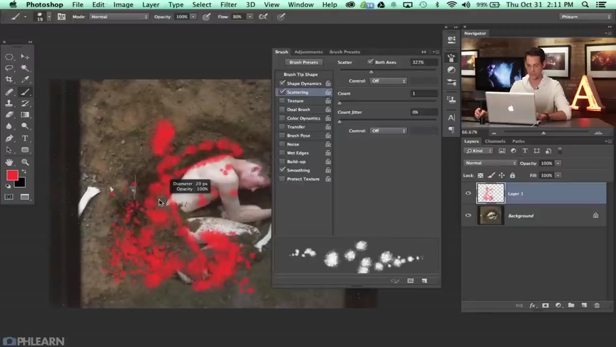 Clone Stamp tool active with custom brush tip selected