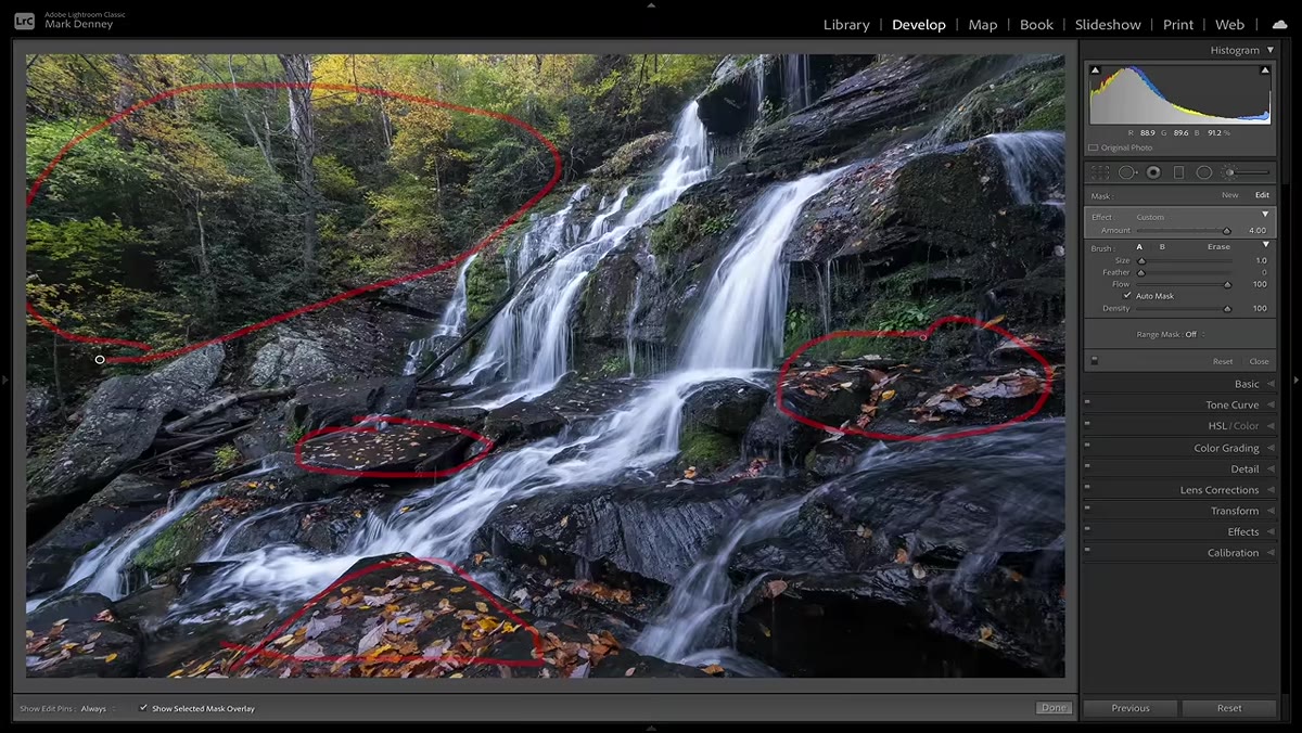 Mark physically moving to different positions, comparing angles at the waterfall
