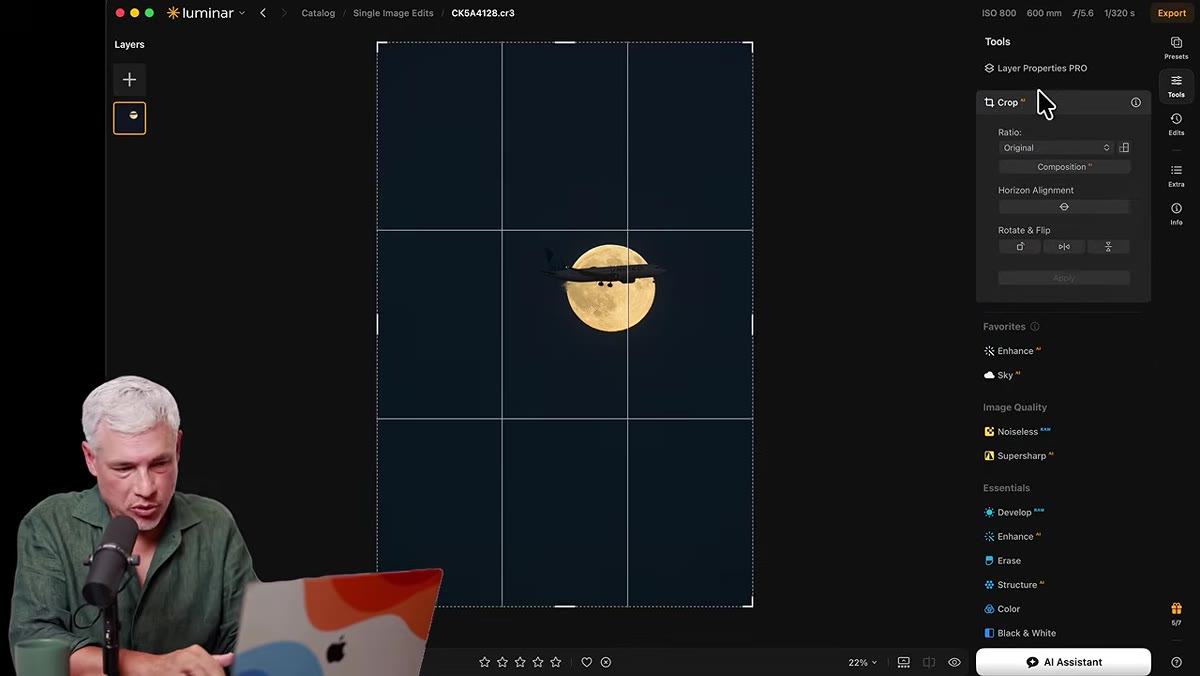 Luminar interface open with moon-and-plane photo loaded