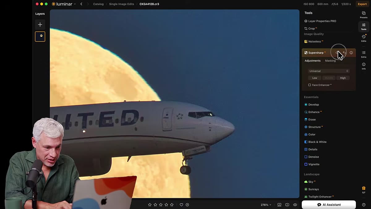 Sharpening applied, moon detail comparison toggled on/off