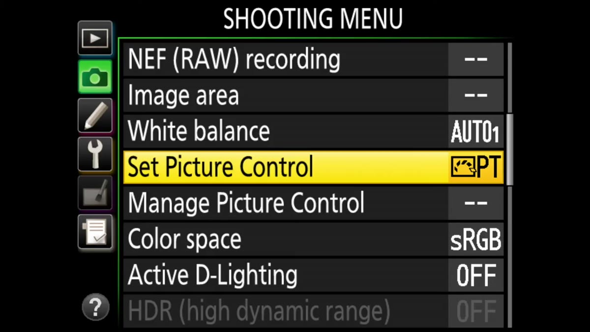 Nikon D810 menu showing Picture Control options