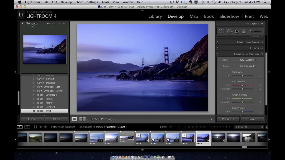 Navigator panel showing live preview as cursor hovers over presets