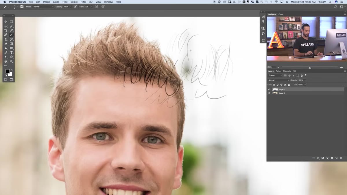 Layer cleared, brush ready to paint near subject&rsquo;s hairline