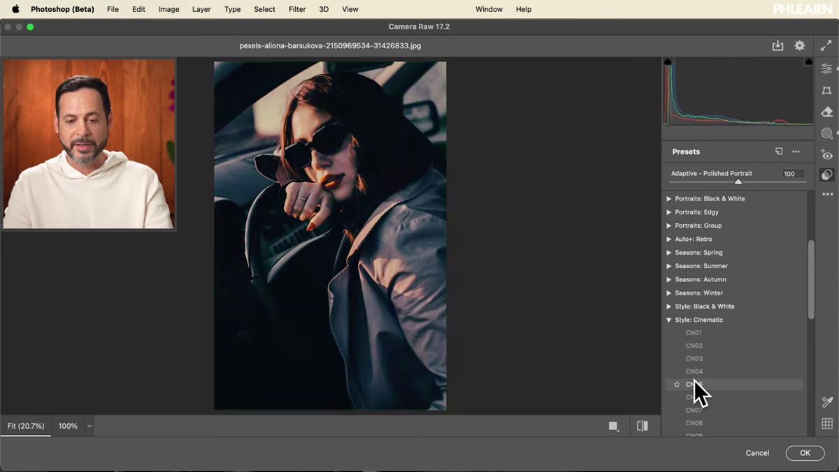 Hovering over a preset showing live preview on portrait image
