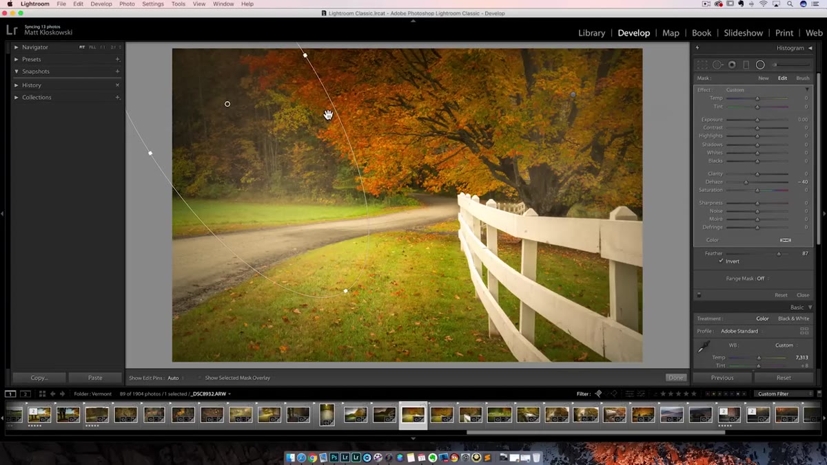 Duplicated radial filter repositioned, with slider panel showing multiple active settings