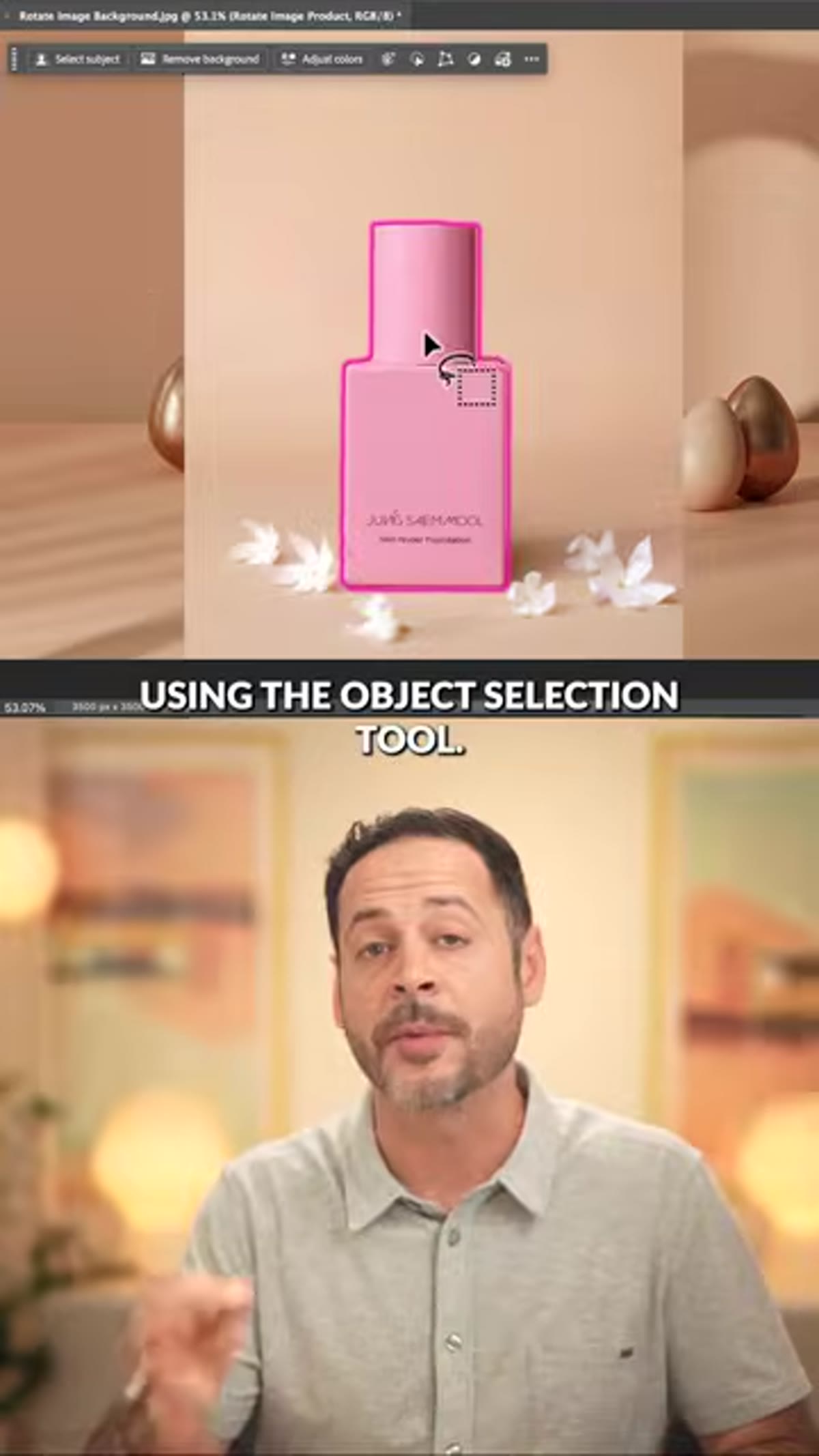 Object Selection Tool active, selection forming around the product