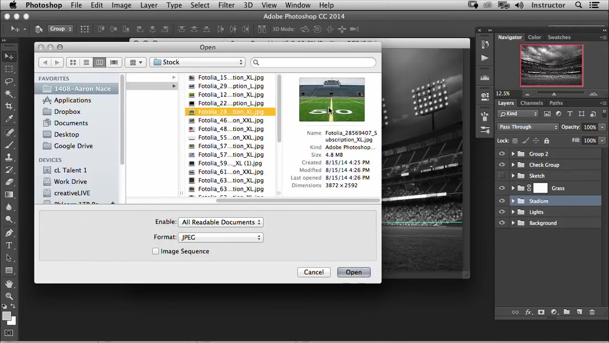 Lens flare stock image open in Photoshop workspace