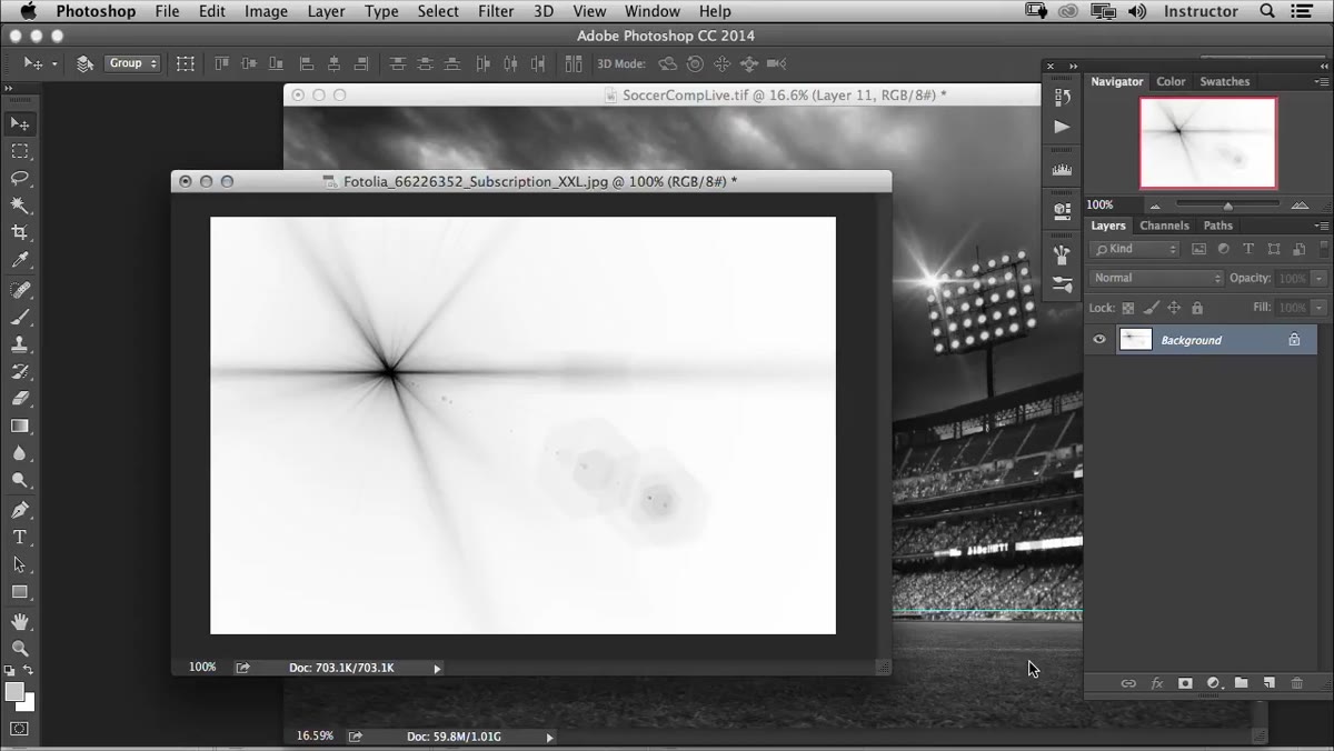 Desaturated flare with Levels dialog open, white point adjusted