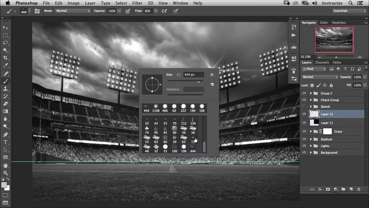 Brush picker open showing flare brush selected at bottom of list
