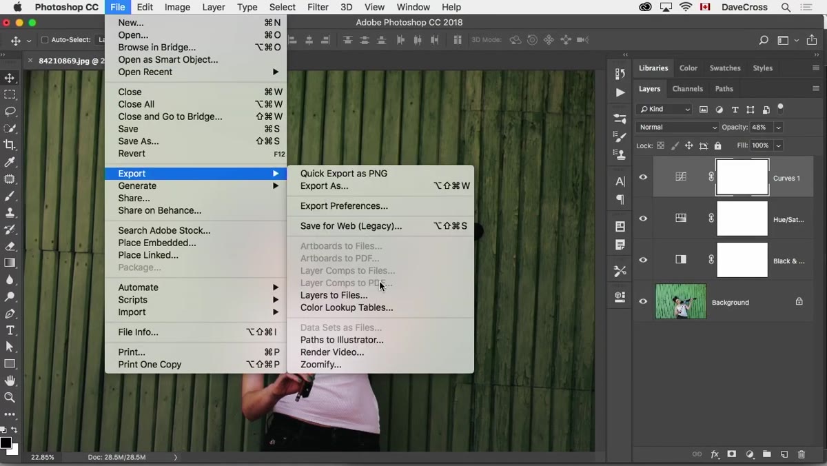 File menu open with Export submenu visible, Export Color Lookup Tables highlighted