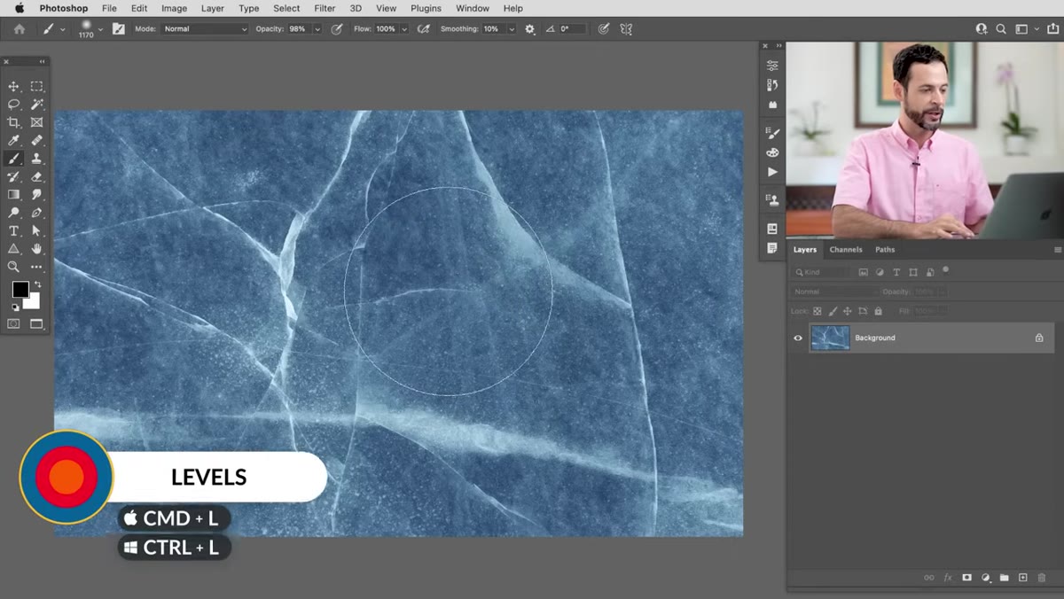 Levels dialog open on ice texture background layer