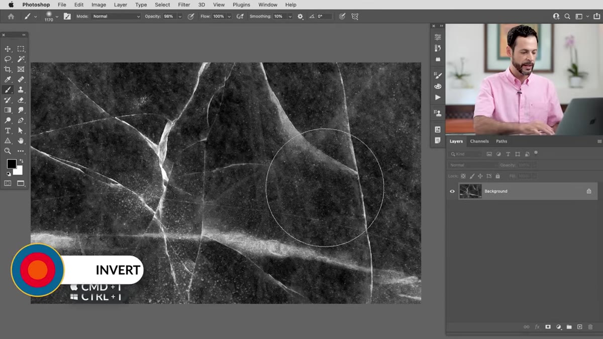 Inverted ice texture showing dark streaks on white background