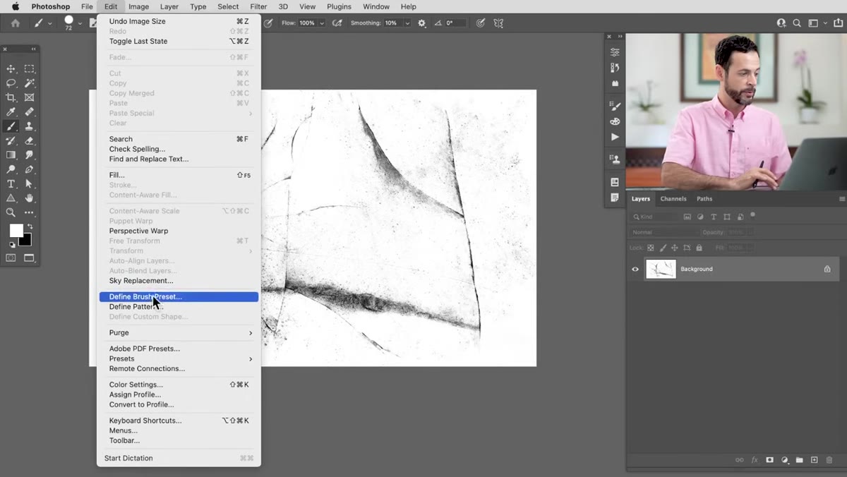 Edit menu open with Define Brush Preset highlighted