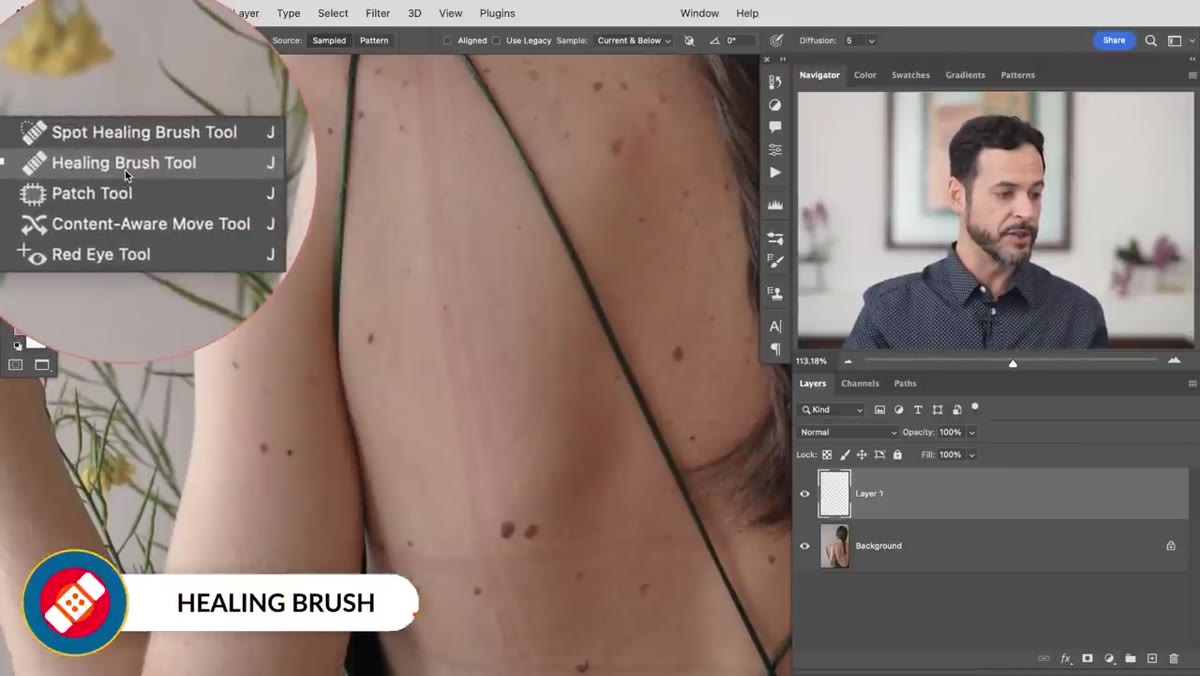 Healing brush with alt-click sample point set near skin mark