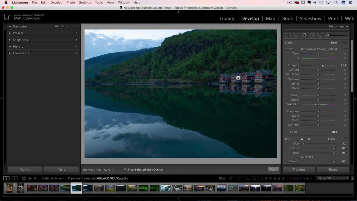 Exposure slider adjusted, brush painting over small houses in the image