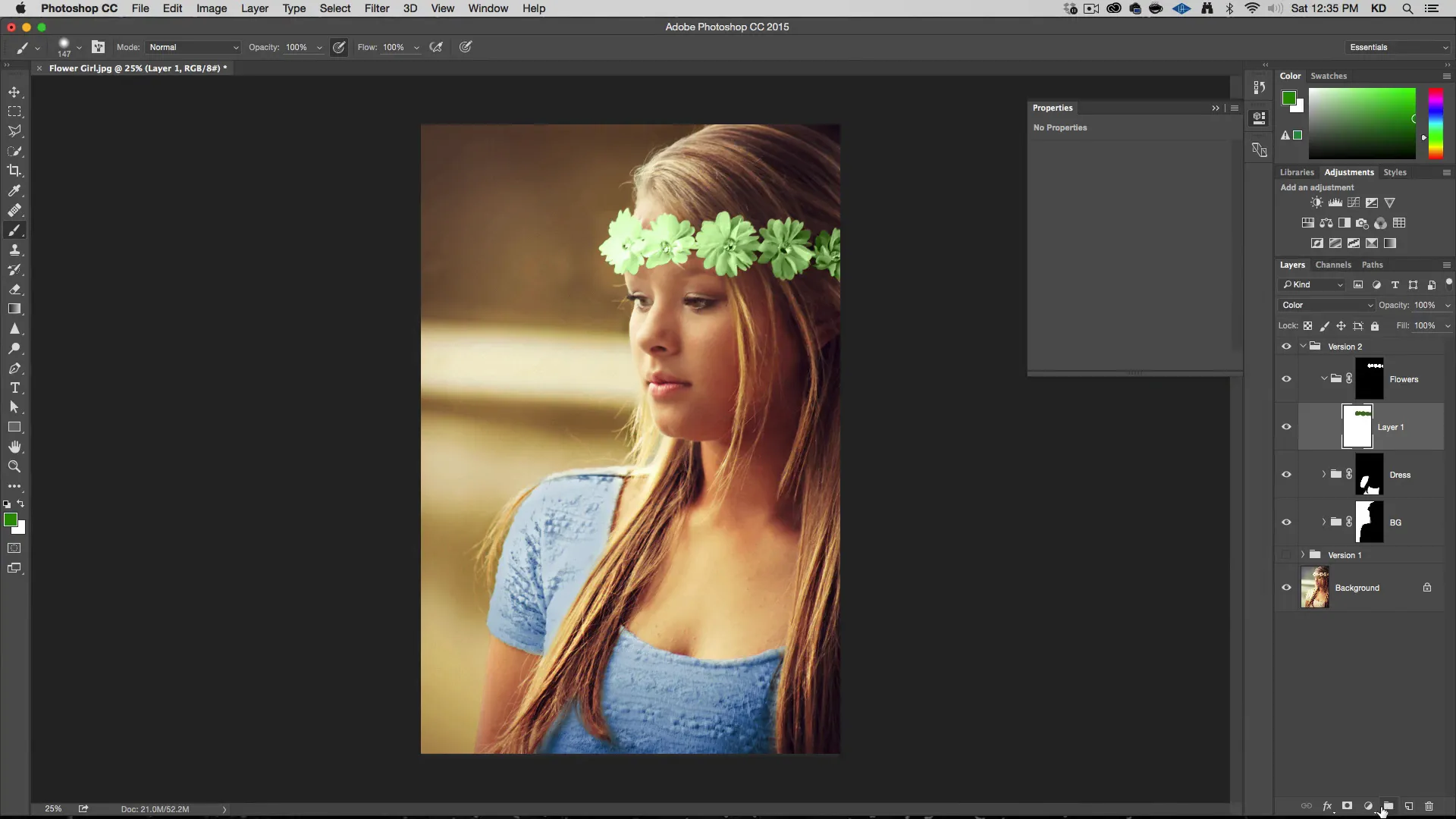 flower headband color selected and changed to green in Photoshop