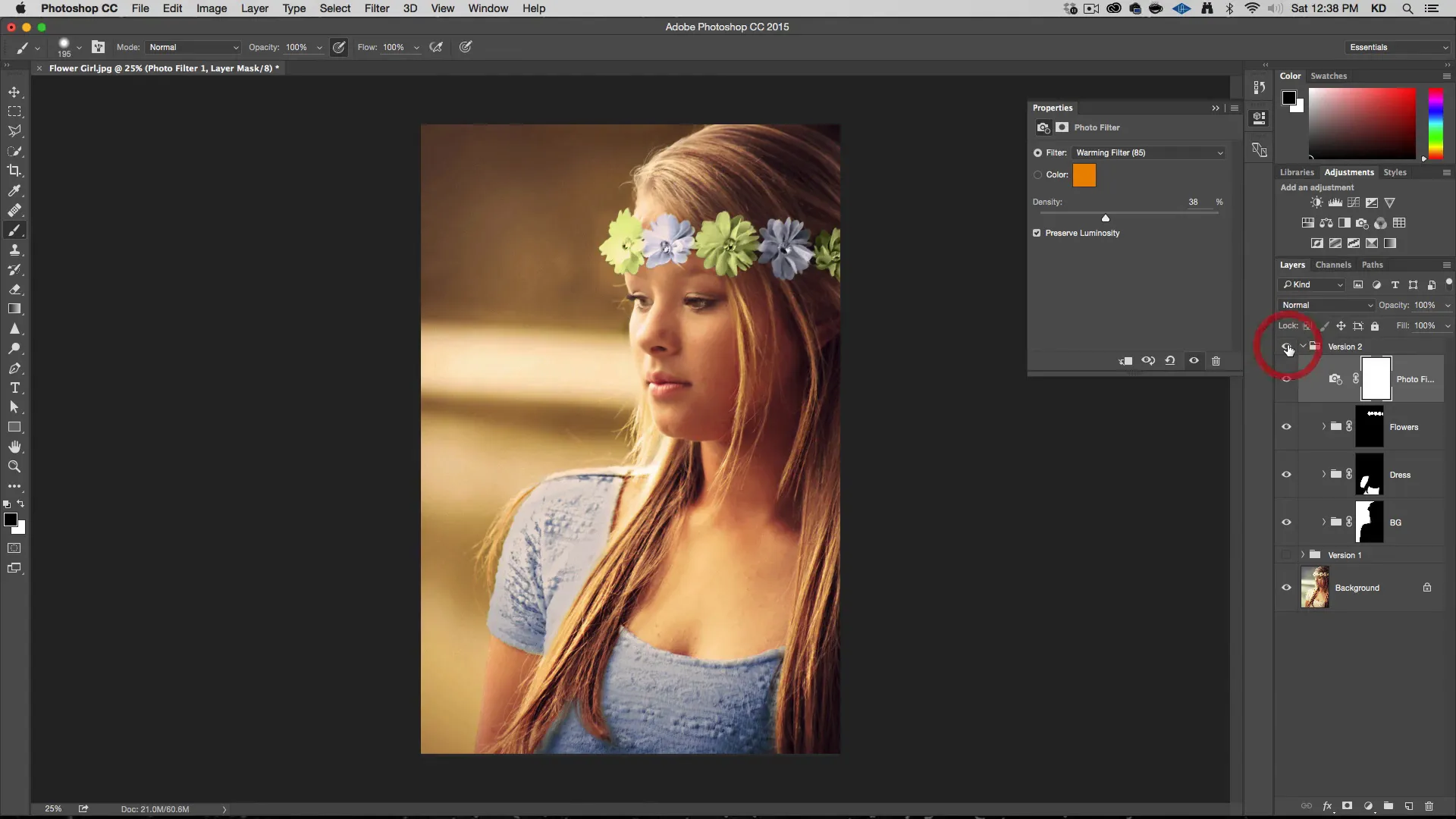 selected flowers on headband changed to blue in Photoshop
